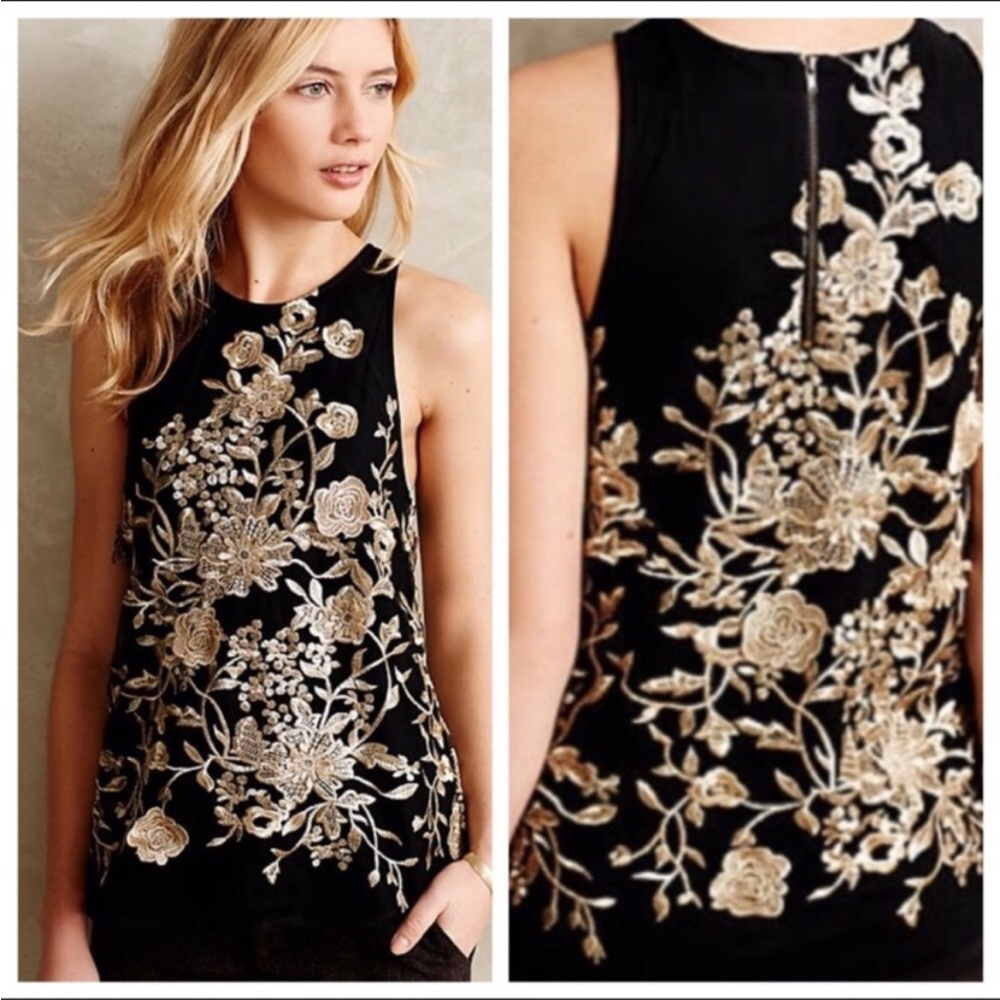 Anthropologie Sunday in Brooklyn Black and Gold tank Sz XS